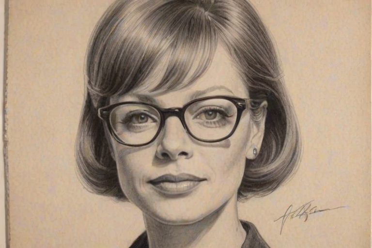 Stunning Frances Fisher, pencil sketch, portrait of Radiant woman 1949s in glasses, hair style beatnik, outline, clear lines, fine lines, 8k
