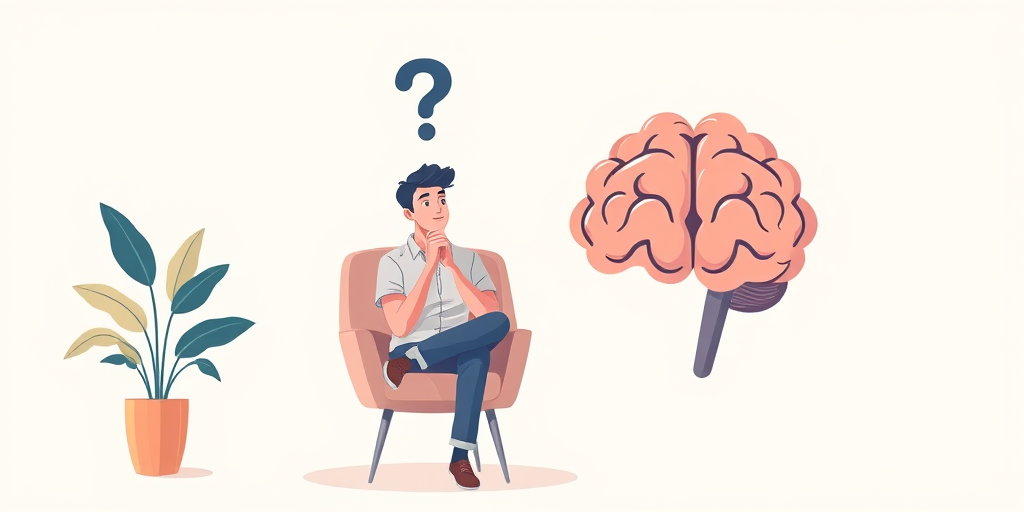 Create an illustration of a thoughtful man sitting on a chair next to a large stylized brain graphic, with a question mark above his head, in a minimalistic and modern style, using a soft pastel color palette, taken with a DSLR camera, aperture f/2.8, ISO 100, 50mm lens, natural lighting, and a slight vignette effect to enhance focus on the subject.
