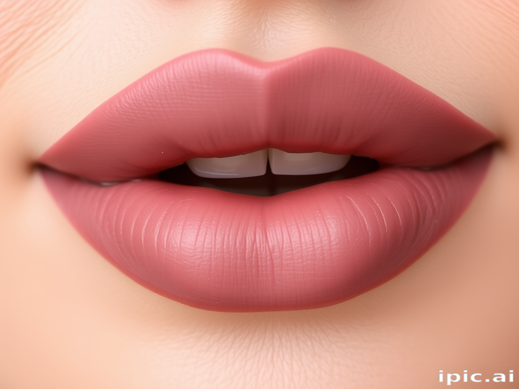 Elegant matte mauve lips with subtle ombre effect, perfectly defined cupid's bow, soft and velvety texture, understated yet sophisticated Dusty Rose Dream look