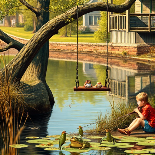 Imagine a small group of old fashioned young boys out fishing by the creek, a swing hanging from a tree branch, reeds and grasses by the water's edge, a frog sitting on a lily pad, dragonflies hovering over som water plans, a very iconic old fashioned scene reminiscent of a Norman Rockwell painting style