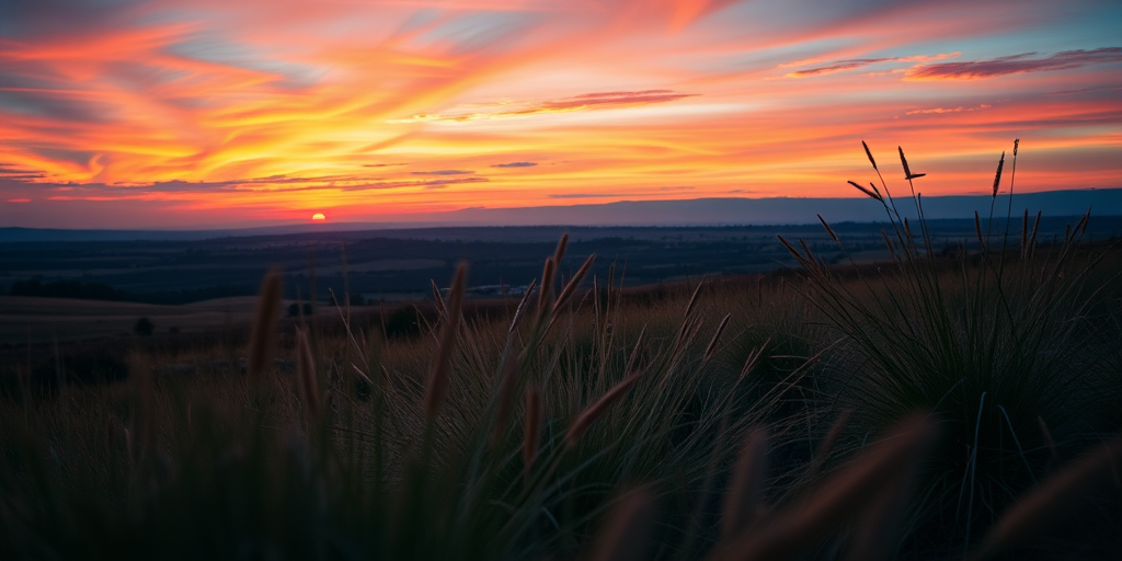 Create a high-resolution image of a serene landscape at sunset with vibrant colors in the sky, using a DSLR camera with a 50mm lens, aperture set to f/1.8, ISO 100, shot at a low angle to capture foreground details with a warm color balance to enhance the atmosphere.