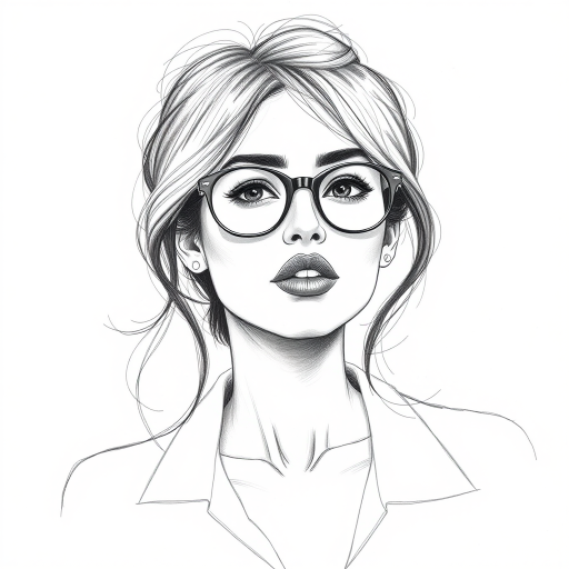 hot mia khalifa, pencil sketch, portrait of beautiful woman 60s in glasses, hair style beatnik, outline, clear lines, fine lines, 8k