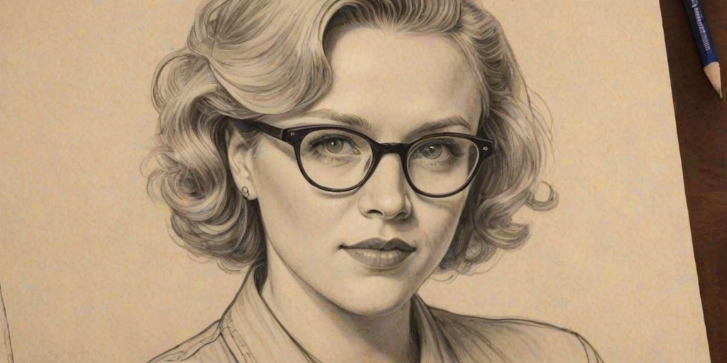 Charming Kate McKinnon, pencil sketch, portrait of Appealing woman 1937s in glasses, hair style beatnik, outline, clear lines, fine lines, 8k