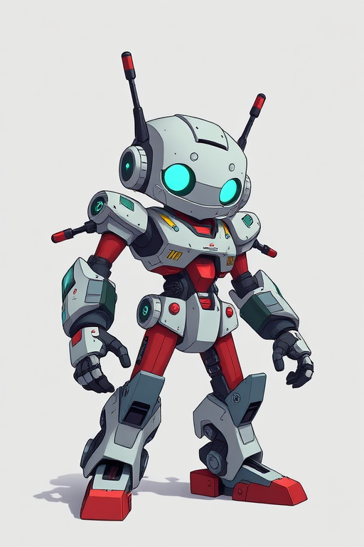 Create a high-resolution digital illustration of a stylized robot character with multiple arms and mechanical features, shot with a Canon EOS R5 at f/8, ISO 100, 50mm lens, in vivid colors and sharp details, focusing on a dynamic pose against a simple background.