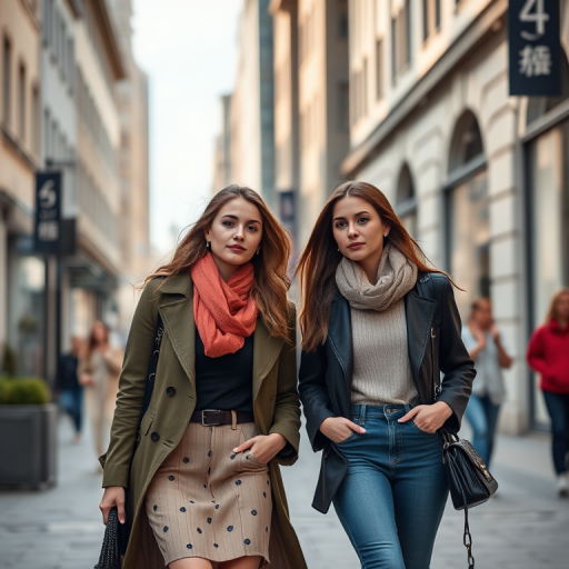 Regenerate the image of two fashionable young women walking on a city street, daytime, aperture f/2.8 for shallow depth of field, ISO 100 for clarity, 85mm lens for portrait style, natural light to enhance colors, DSLR camera for high quality.