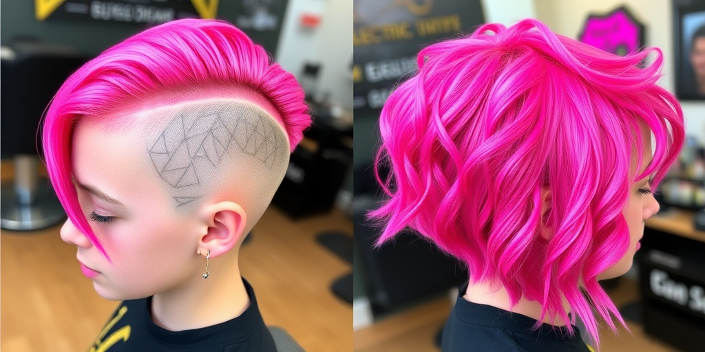 Bubblegum pink asymmetrical undercut, crafted by "Electric Dreams" stylists, featuring a closely shaved side with intricate geometric patterns etched in, contrasting with longer, wavy locks on the opposite side, accented by neon yellow peek-a-boo highlights for a bold, futuristic look.
