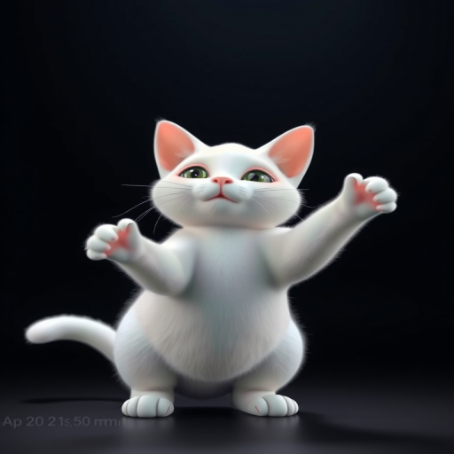 3D model of a white cat in a playful pose, high resolution, soft lighting, ISO 100, f/2.8 aperture, 50mm lens, shallow depth of field, studio lighting setup.
