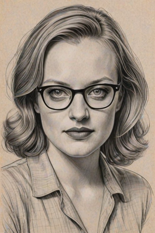 Charming Elisabeth Moss, pencil sketch, portrait of Bewitching woman 1949s in glasses, hair style beatnik, outline, clear lines, fine lines, 8k