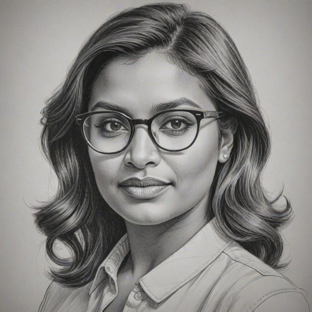 Elegant Mindy Kaling, pencil sketch, portrait of Gorgeous woman 1980s in glasses, hair style beatnik, outline, clear lines, fine lines, 8k