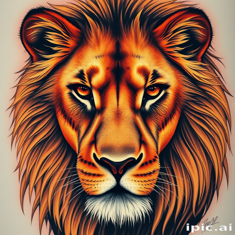 Realistic color portrait tattoo of a majestic lion with piercing eyes and a flowing mane, utilizing hyperrealistic techniques and vivid earth tones, titled "King's Gaze"