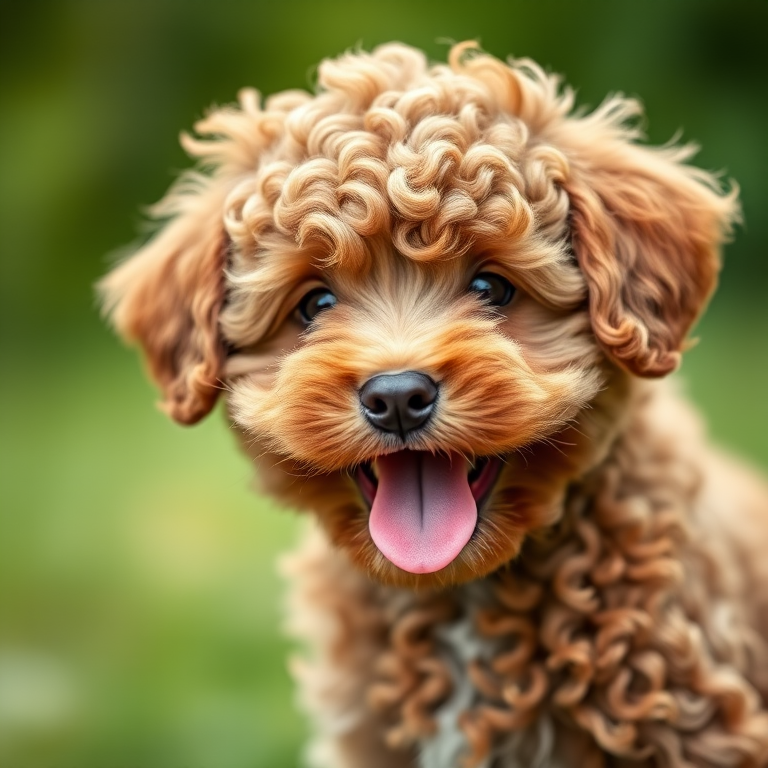 A close-up portrait of a fluffy brown puppy with curly fur, smiling with its tongue out, set against a soft blurred green background, taken with a Canon EOS R5, 50mm lens, f/1.8 aperture, ISO 100, natural light, shallow depth of field.