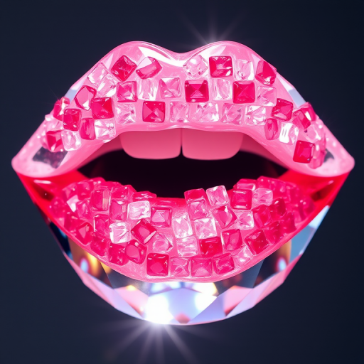 Radiant crystal lips adorned with tiny, faceted gemstones in various shades of pink and clear quartz, catching and reflecting light from every angle