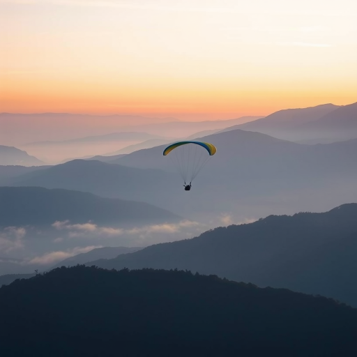 a lone paraglider soaring above misty mountains during dusk, soft light capturing the serene atmosphere, shot with a Canon EOS 5D Mark IV, 50mm lens, aperture f/4, shutter speed 1/200 sec, ISO 100, landscape orientation, high dynamic range for enhanced detail in shadows and highlights