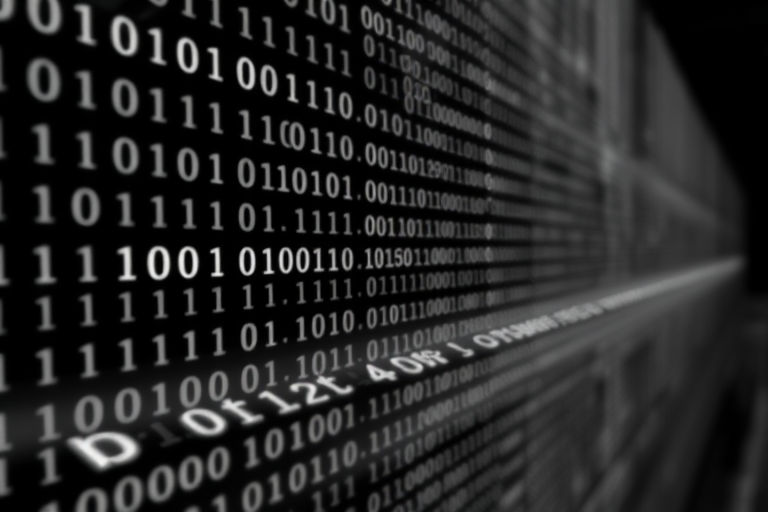 generate a high-quality image of a binary code background with a dynamic perspective, shallow depth of field, captured with a DSLR camera at f/2.8, ISO 100, 50mm lens, 1/60s shutter speed, black and white color scheme, emphasizing contrast and clarity