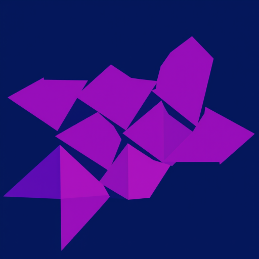 Create a vibrant geometric pattern with purple and pink triangles on a dark blue background, using a DSLR camera with a 50mm lens, f/1.8 aperture, ISO 100, shooting from a high-angle view to enhance clarity and contrast.