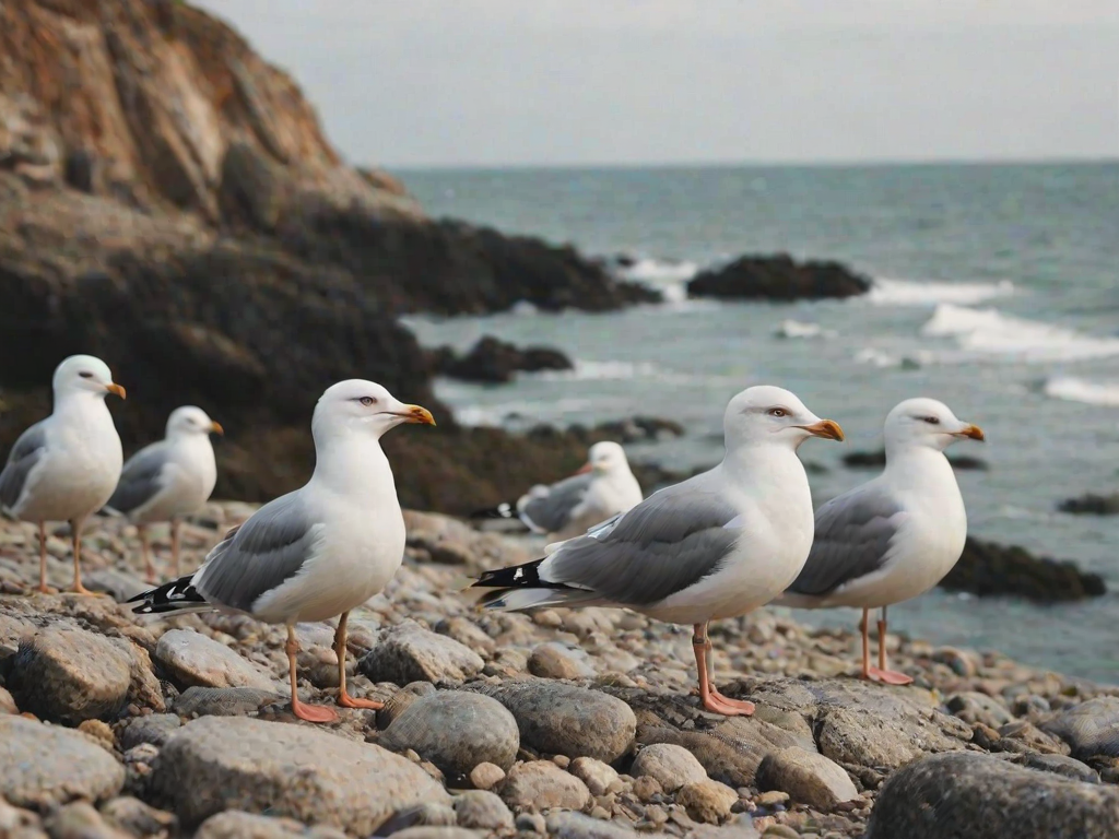 a group of seagulls standing on rocky terrain by the shore with a soft focus background