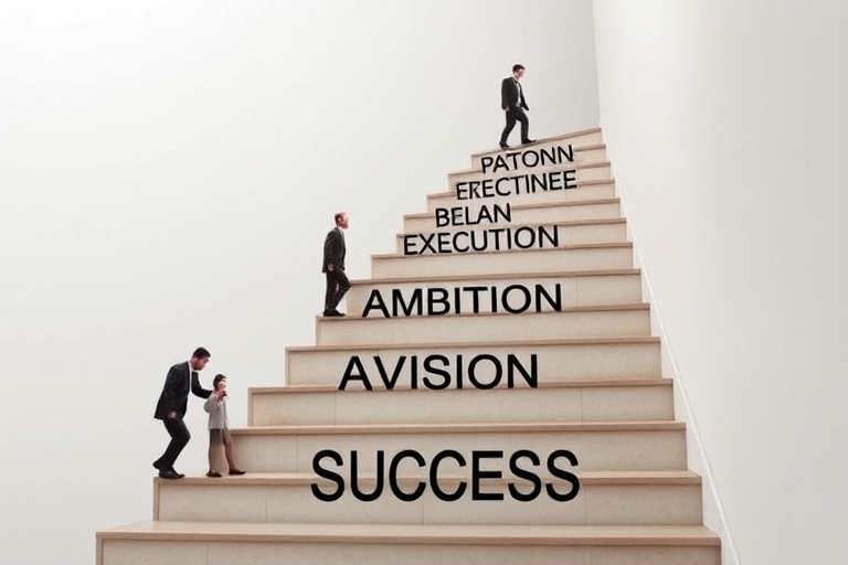 Generate an image of a staircase labeled with the words determination, execution, ambition, vision, and success, with figures of people ascending each step, use a DSLR camera with a 50mm lens, aperture set to f/2.8, ISO 100, and a soft focus background to enhance image quality.
