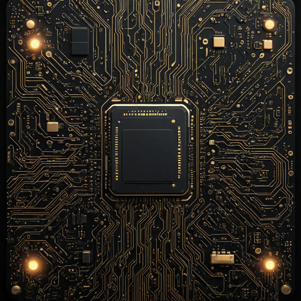 Generate a futuristic circuit board design with a central glowing processor. Emphasize intricate patterns and glowing elements, creating a high-tech, digital aesthetic. Use a dark background to enhance the brightness of the lights and details.