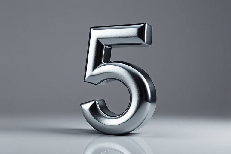 Regenerate a 3D metallic number five with a glossy finish, studio lighting, reflected shadow effect, taken with a Canon EOS R5 at f/2.8, ISO 100, 50mm lens, in portrait orientation.