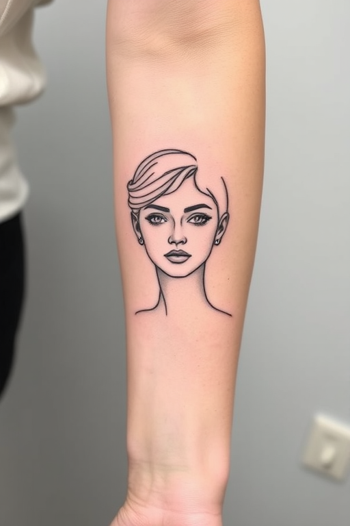 Minimalist fine line tattoo of a continuous one-line portrait on the forearm, showcasing delicate and precise linework with negative space to create a captivating and elegant design