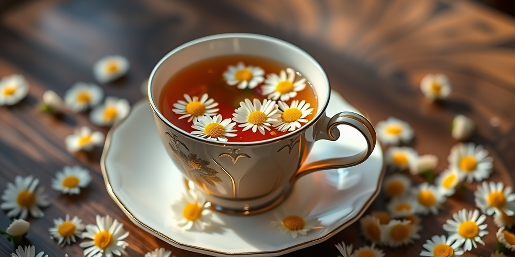 Create a high-resolution image of a delicate tea cup filled with herbal tea, adorned with fresh daisies on the surface, set on an elegant saucer with scattered daisies around it, captured with a Canon EOS 5D Mark IV, 50mm lens, aperture f/2.8, ISO 100, soft natural lighting for a warm, inviting atmosphere, shallow depth of field to focus on the tea cup.