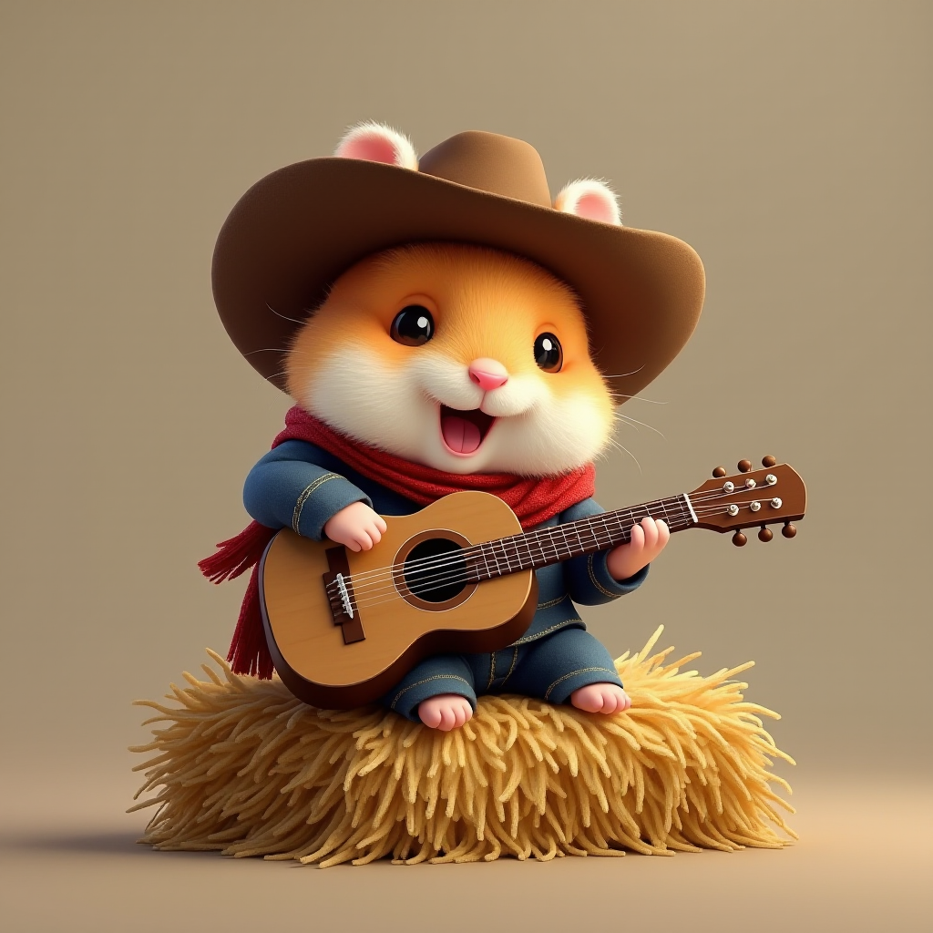 A chibi hamster, dressed as a cowboy, playing guitar, sitting on a hay bale