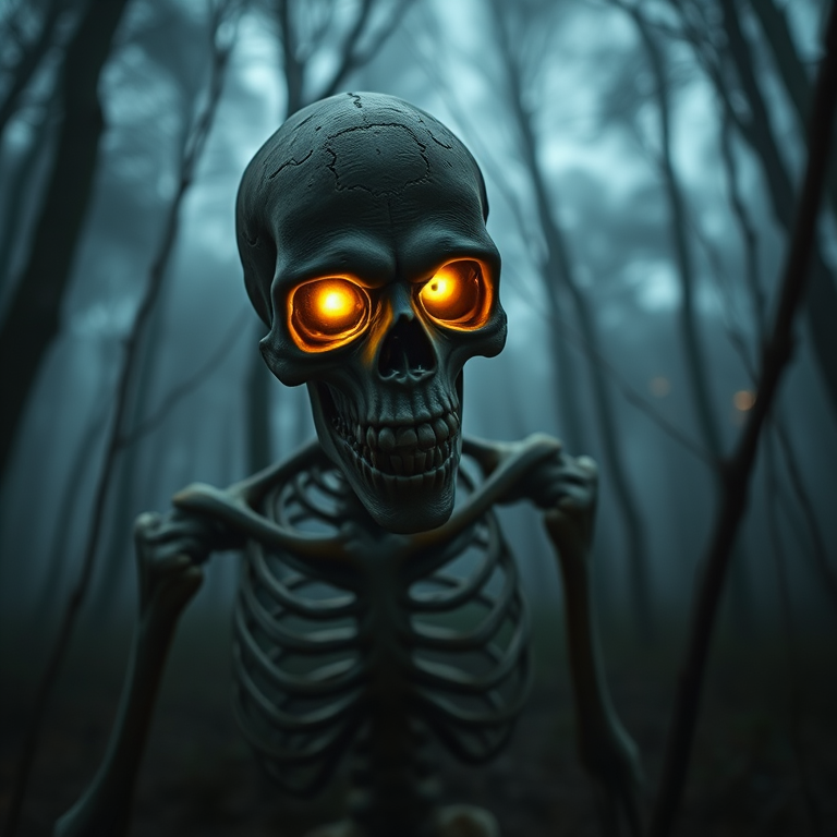 Create a high-resolution image of a skeletal zombie emerging from a foggy forest at dusk, emphasizing glowing yellow eyes, using a Canon EOS R5 with a 50mm f/1.2 lens, aperture f/2.8, ISO 400, and a shallow depth of field to enhance details in the foreground while softly blurring the background.