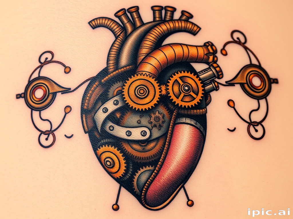 Steampunk mechanical heart tattoo, "Clockwork Pulse," depicting an anatomical heart composed of intricate gears, cogs, and pistons in various metallic shades, with subtle pops of color to represent life and energy flowing through the machinery