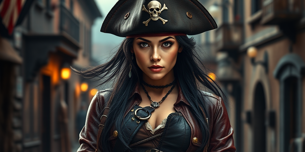 Create a portrait of a fierce female pirate. She wears a leather tricorn hat adorned with a skull and crossbones emblem, and her long, dark hair flows around her face. Her outfit consists of a richly detailed leather jacket, a corset, and multiple layers of belts and accessories, giving her a formidable and stylish appearance. She stands confidently in a dimly lit, historic port town, with a backdrop of weathered buildings and cobblestone streets, capturing the adventurous spirit of a pirate.