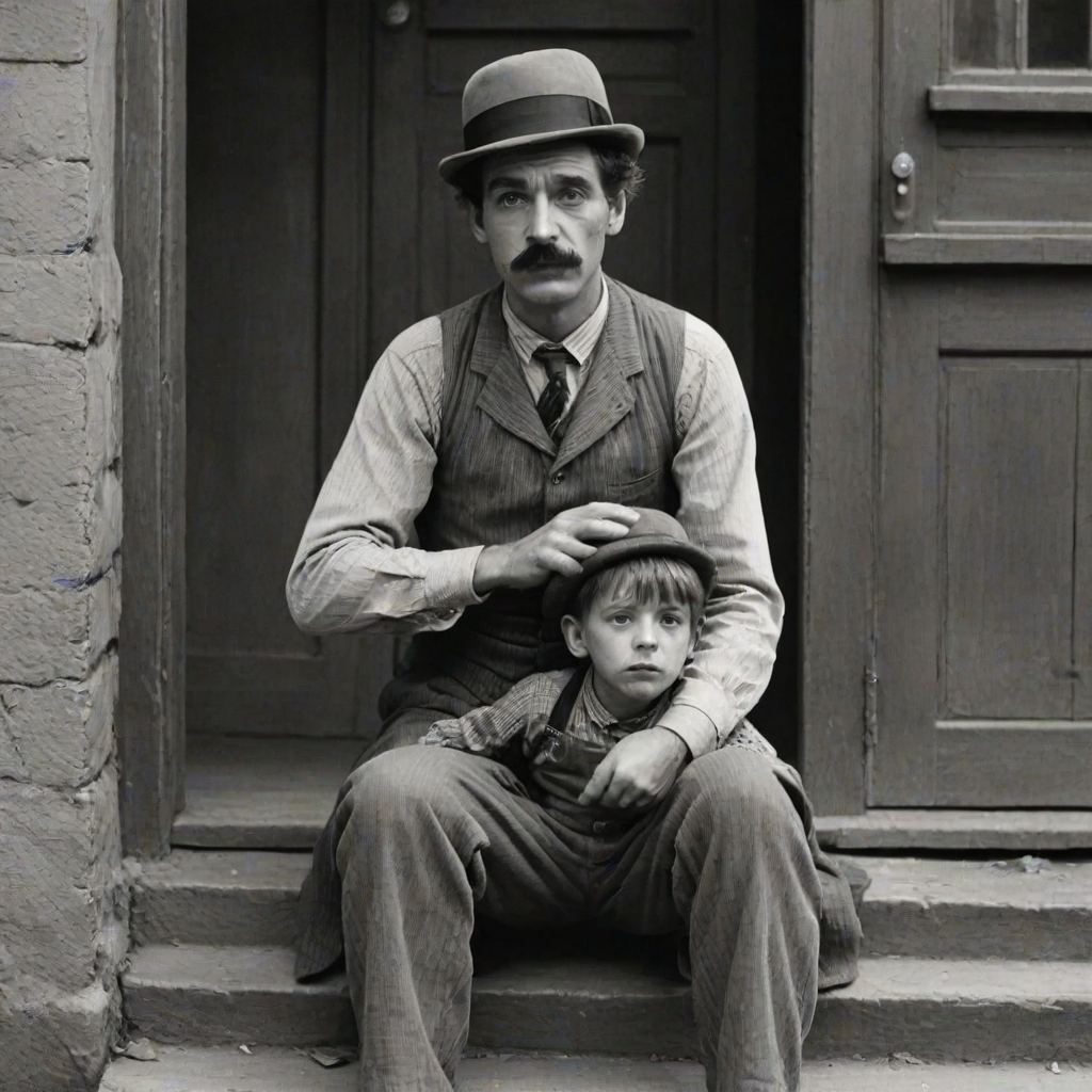 A black-and-white photograph of a man and a child sitting on steps in front of a doorway. The man is dressed as a tramp with a bowler hat, mustache, and ragged clothes, reminiscent of Charlie Chaplin's iconic look. He is sitting with his arms crossed and an expression of slight sadness or frustration. Next to him is a young boy, also in worn clothes and a cap, sitting with his hands clasped, looking thoughtful. The background is an old, textured wall and a partially open door, creating a vintage, early 20th-century atmosphere.