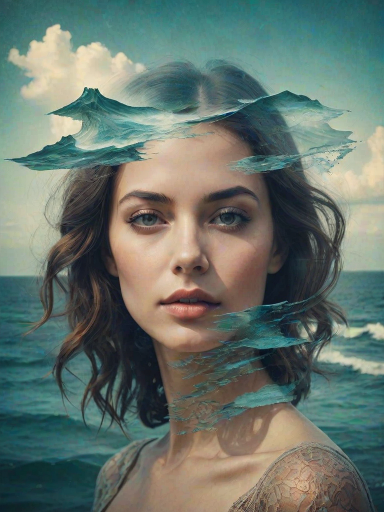imagine Book cover, A surreal double exposure portrait that blends a woman's face with a beautiful seascape. The overall mood is dreamy and mystical, with rich colors and intricate details