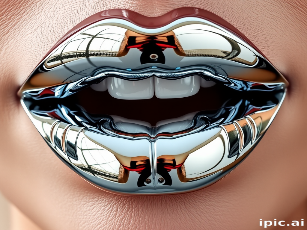 Futuristic chrome lips with a mirror-like silver finish, reflecting surroundings and creating an ultra-modern, sleek appearance