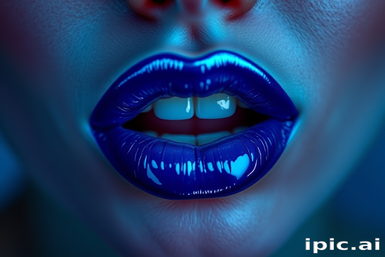 Fascinating depiction of electric blue lips with a neon sheen, showcasing vivid color payoff and attention-grabbing brightness
