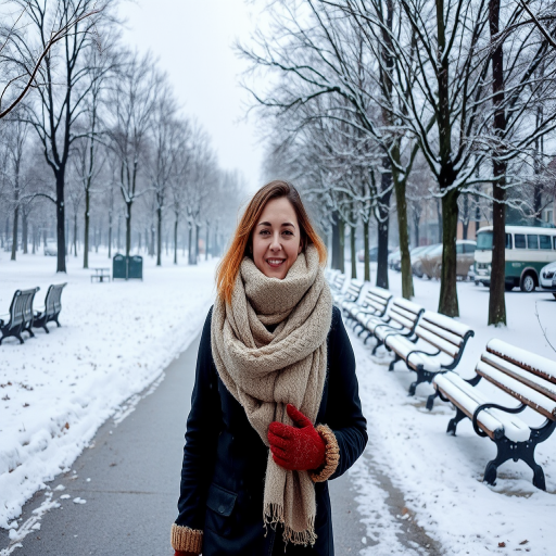 Snow-covered city park, with bare trees and frosty benches, a woman in a woolen scarf and mittens walks slowly down the path, her breath visible in the cold air as she enjoys the peaceful winter scene.