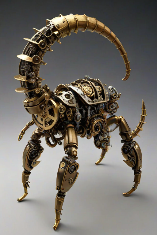 Create a high-intensity, high-resolution image of a steampunk scorpion, featuring intricate clockwork mechanisms and brass gears. The scorpion should have metallic limbs with elaborate jointed segments, showcasing a blend of Victorian-era aesthetics and futuristic technology. The body should be adorned with cogwheels, pistons, and small steam vents emitting a subtle mist, the front pinchers should up up and open. Capture the scene with dramatic lighting to emphasize the mechanical details, giving it a sense of motion and life