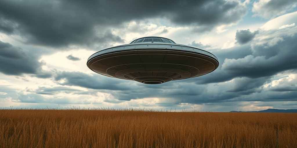 Generate a high-resolution image of a futuristic silver UFO hovering above a golden grassy field under a dramatic cloudy sky, captured with a DSLR camera at f/8, 1/250s, ISO 100, 35mm lens, in a wide-angle perspective.