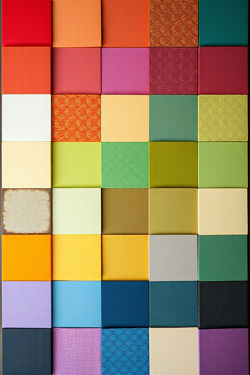 Create a grid of 64 squares arranged in 8 rows and 8 columns, each square showcasing a different color or pattern, with varying shades and textures; use a DSLR camera with a 50mm lens, aperture set to f/4, ISO 100, natural lighting, high-resolution settings for enhanced clarity and detail.