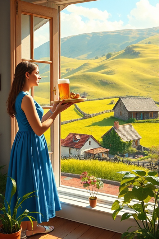 In "A Glass of Beer on the Highland," a serene scene is depicted in a sunlit room where a woman in a vibrant blue dress stands by a large window. She holds a tray with a hearty meal and a frothy glass of beer, embodying a moment of relaxation. Outside, the breathtaking highland landscape features rolling green hills and a charming traditional house, all bathed in warm afternoon light. The interior is adorned with potted plants, creating a harmonious blend of comfort and nature. The painting beautifully captures the tranquility and joy found in simple pleasures amidst stunning scenery