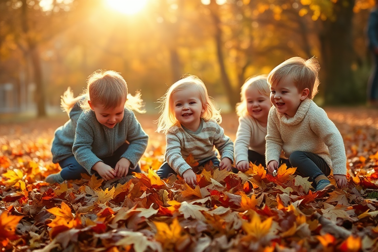Warmly lit image of a group of children playing in a pile of autumn leaves, soft glow from the afternoon sun casting warm shadows on the ground, the smell of crisp leaves and fresh air filling the scene, laughter and joy frozen in the moment.