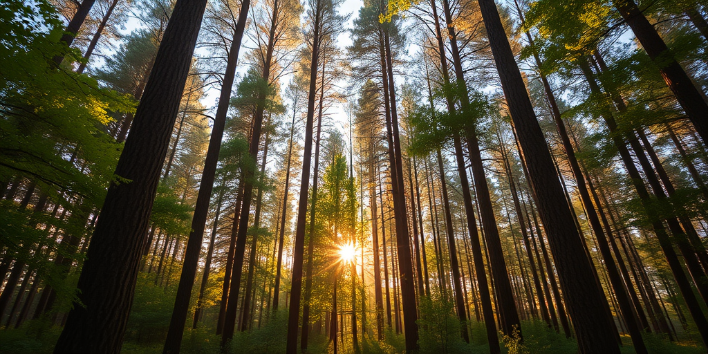 Create a high-resolution image of a serene forest scene during golden hour, utilizing a Canon EOS R5 with a 24mm f/1.4 lens, aperture set to f/2.8, ISO 100, shutter speed 1/125s, captured from a low angle to emphasize the towering trees and dappled sunlight filtering through the leaves, in vibrant colors and high dynamic range.