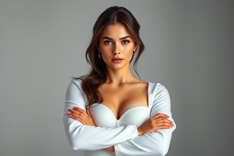 Regenerate an image of a female character with a confident expression, arms crossed, wearing a white outfit, captured in a studio setting using a Canon EOS R5 camera, 85mm lens, f/1.8 aperture, ISO 100, with soft lighting for a clean, high-quality look.