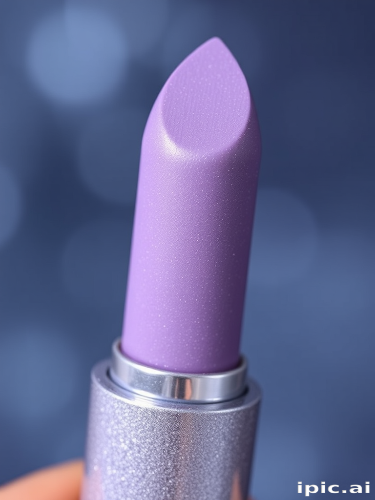 Frosted lavender lipstick called "Moonlit Whisper," combining a cool-toned base with fine silver sparkles for an ethereal look