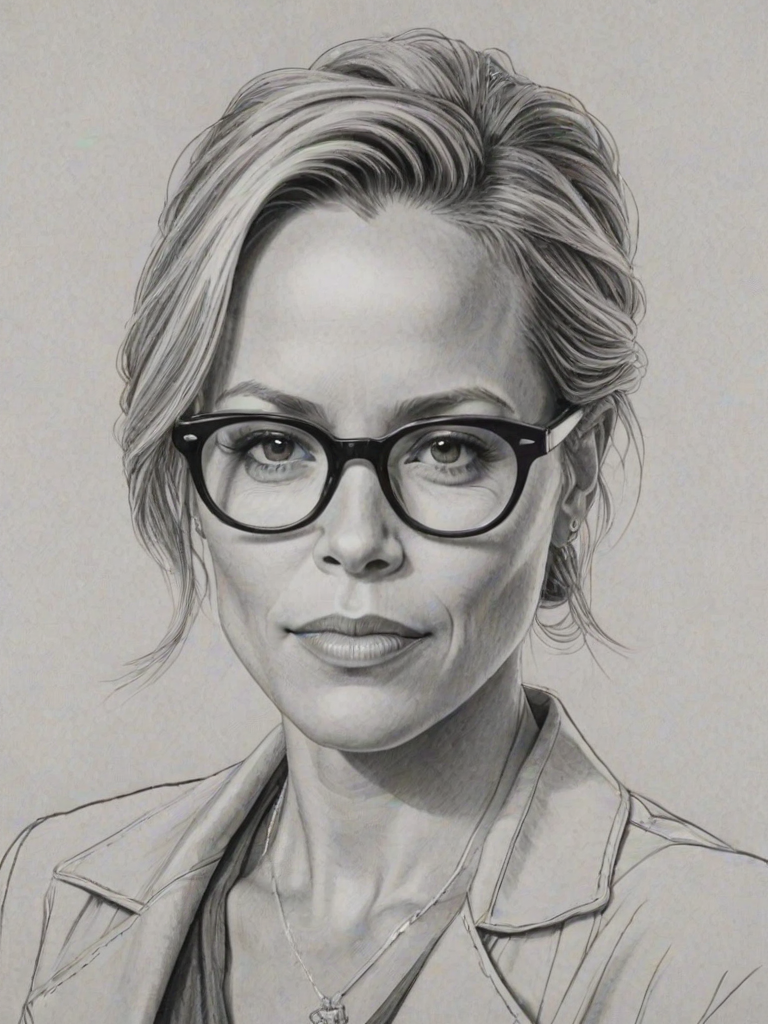 Graceful Maria Bello, pencil sketch, portrait of Exquisite woman 1968s in glasses, hair style beatnik, outline, clear lines, fine lines, 8k