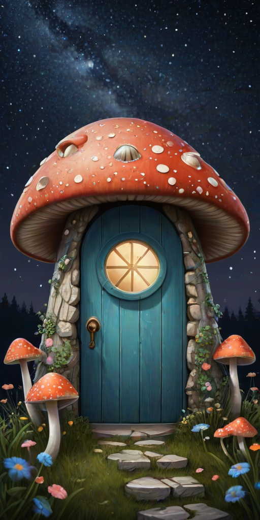 generate illustration of a mushroom house with a door and a window, a storybook , fantasy art, mushroom house, bg starry sky, sparkles