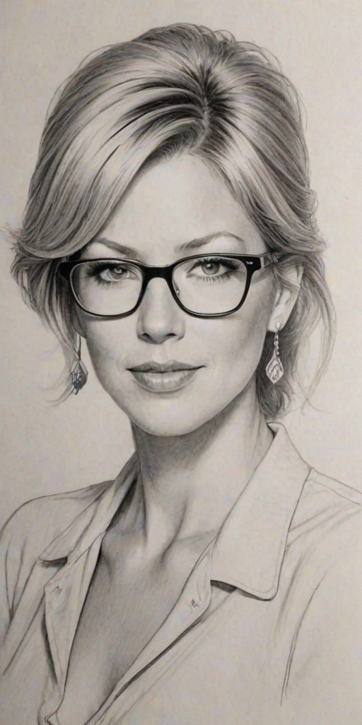Ravishing Jenna Elfman, pencil sketch, portrait of Graceful woman 1970s in glasses, hair style beatnik, outline, clear lines, fine lines, 8k
