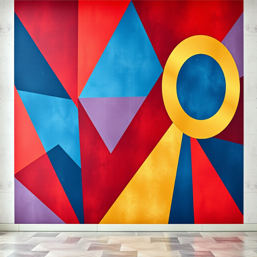 Generate a high-quality abstract geometric mural featuring triangular and circular shapes in vibrant colors of red, blue, and gold, with a cosmic theme, shot using a full-frame DSLR camera at f/8, ISO 100, 50mm lens, from a straight-on perspective for detailed texture clarity.