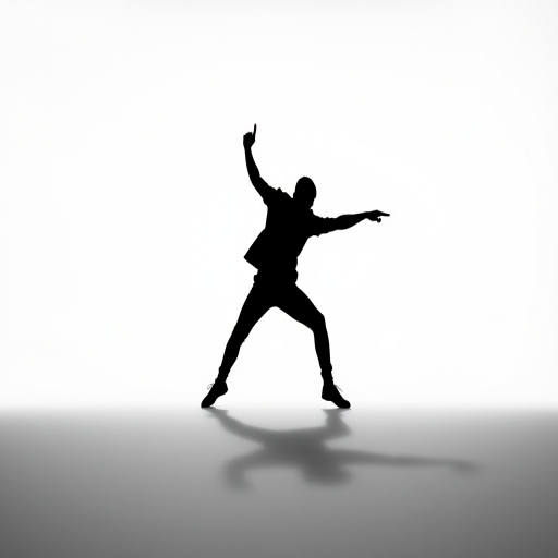 Create a high-resolution image of a stylized black silhouette of a person in a dynamic pose against a plain white background, captured with a Canon EOS R5 at f/2.8, 1/500 sec, ISO 100, using a standard 50mm lens from a slightly low angle to emphasize motion and depth.