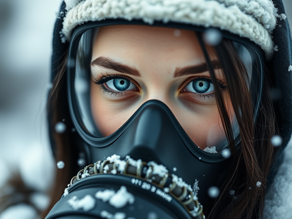 A close-up portrait of a young woman wearing a stylish gas mask in a snowy environment, capturing her striking blue eyes and dark hair with snowflakes gently falling around her, shot with a Canon EOS R5 at f/1.8, ISO 100, 1/200s, using a 50mm lens for a sharp focus on her face and a softly blurred background, in natural light to enhance skin tones and features.