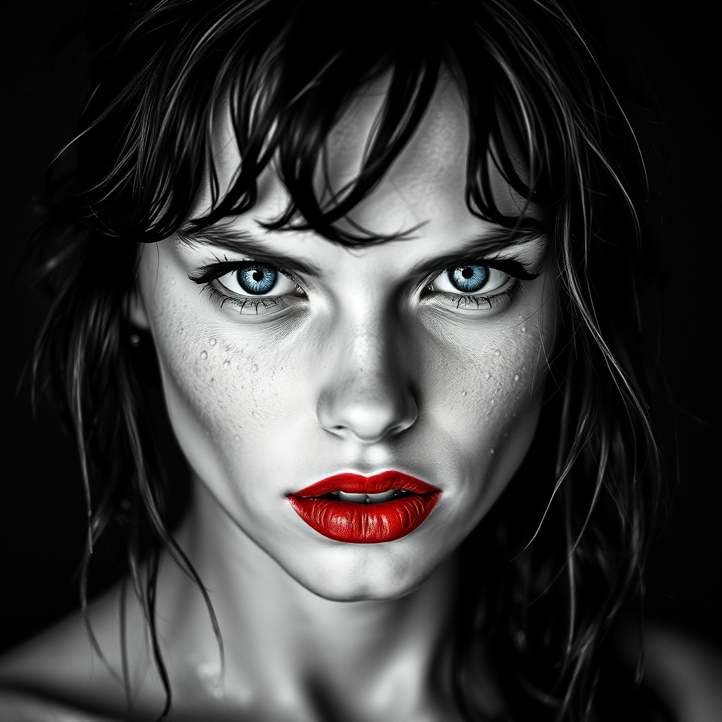 a striking portrait in the style of black-and-white photography, dramatic high-contrast lighting eloquently tracing the intricate details of hand-drawn pen strokes, a beautiful Nordic woman tousled hair and shining, focus on blue eyes and red lips, radiating with intensity portrait that highlights her dark , wet, . The monochromatic statement features her pale skin colored by tiny beads of sweat and water droplets, showcasing a hyper-detailed composition that focuses entirely on her unforgettable face. The stylized composition basks in atmosphere and mystery, created by the powerful, piercing gaze of the water-driven Nordic woman as she commands an intense and mesmerizing aura within the limited frame. Composed to evoke a sense of nostalgic wonder, this portrait perfectly captures the essence of a bygone era.