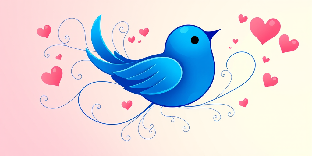 Create a digital illustration of a stylized blue bird with flowing lines and whimsical swirls, surrounded by floating hearts in a soft gradient background, using a Canon EOS 5D Mark IV with a 50mm f/1.8 lens, aperture set to f/2.8, ISO 100, and shot in high-resolution mode for vivid colors and enhanced details.